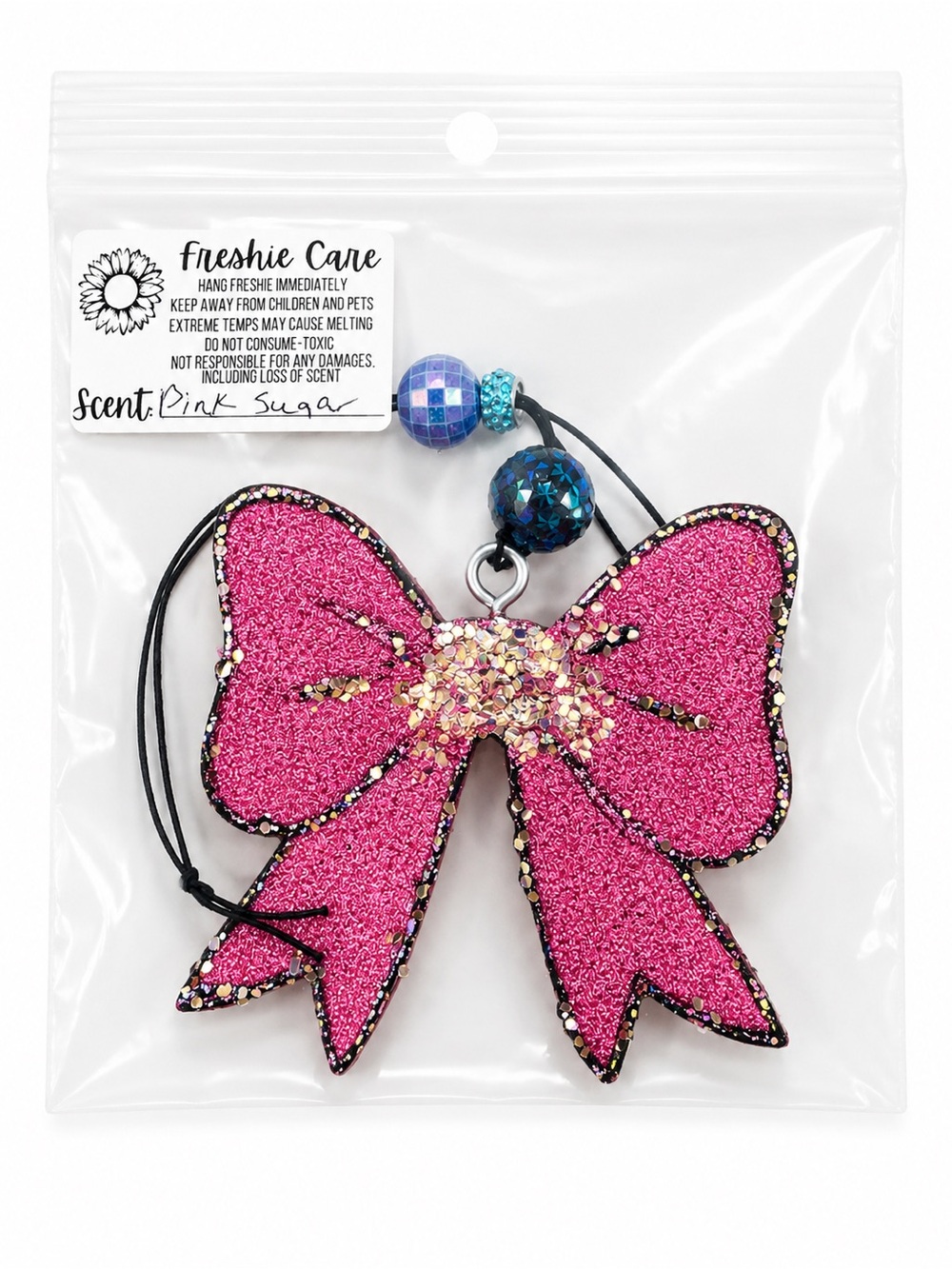 Pink Glitter Bow Car Freshie – Fruit Loops Scent – Beaded Handmade